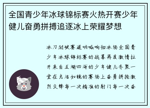 全国青少年冰球锦标赛火热开赛少年健儿奋勇拼搏追逐冰上荣耀梦想